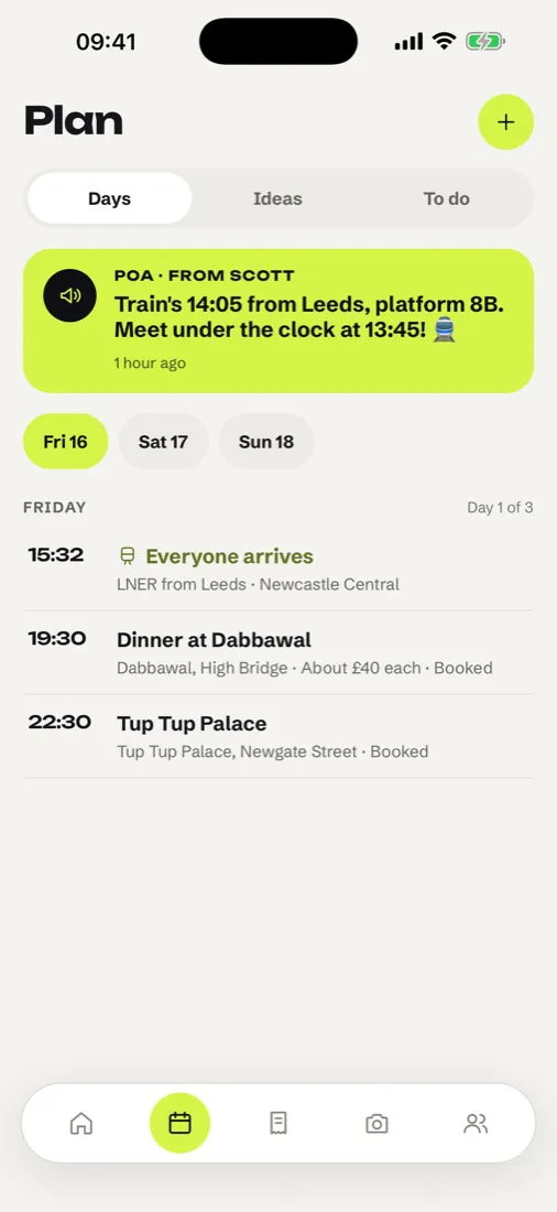 The day-by-day trip plan in KneezUp