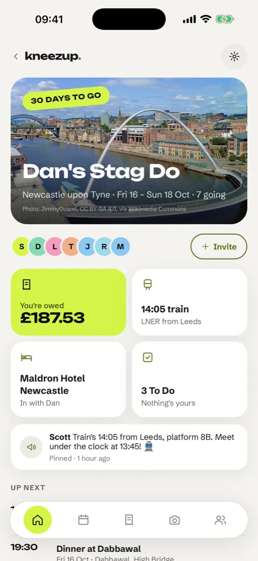 KneezUp app showing Dan's Stag Do in Newcastle with the countdown, what you're owed, the train, the hotel and what's up next